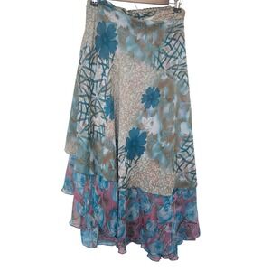 Style Now Floral Wrap Midi Skirt Women Large Blue Pink Layered Chiffon Boho Y2K